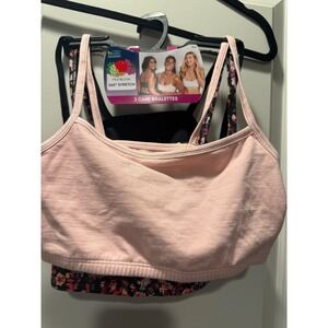 Fruit of the Loom 3 Cami Bralettes 360 Stretch Cotton Black Pink Floral Size 36